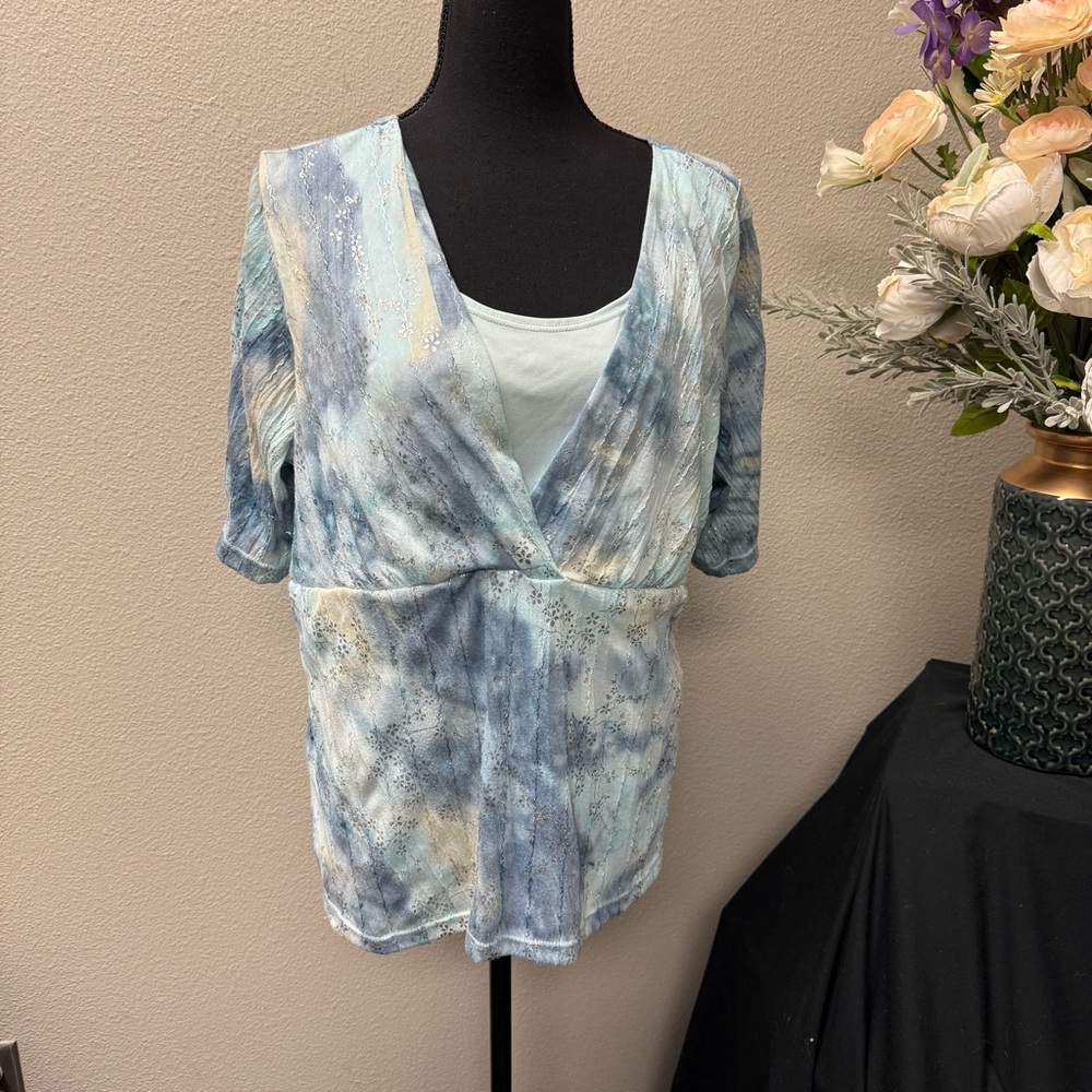 CJ Banks Blue Tie-Dye Metallic Foil Faux Wrap Top 1X Layered Look Blouse